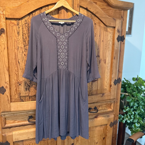 GARNET HILL Embroidered Boho Tunic Pocket Smock Dress 12 - Picture 1 of 3